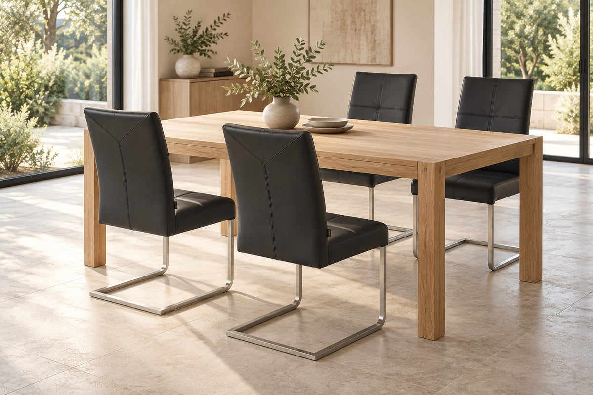 Chaise cantilever en cuir SIX Libero, cuir de vache noir, acier inoxydable – lot de 4