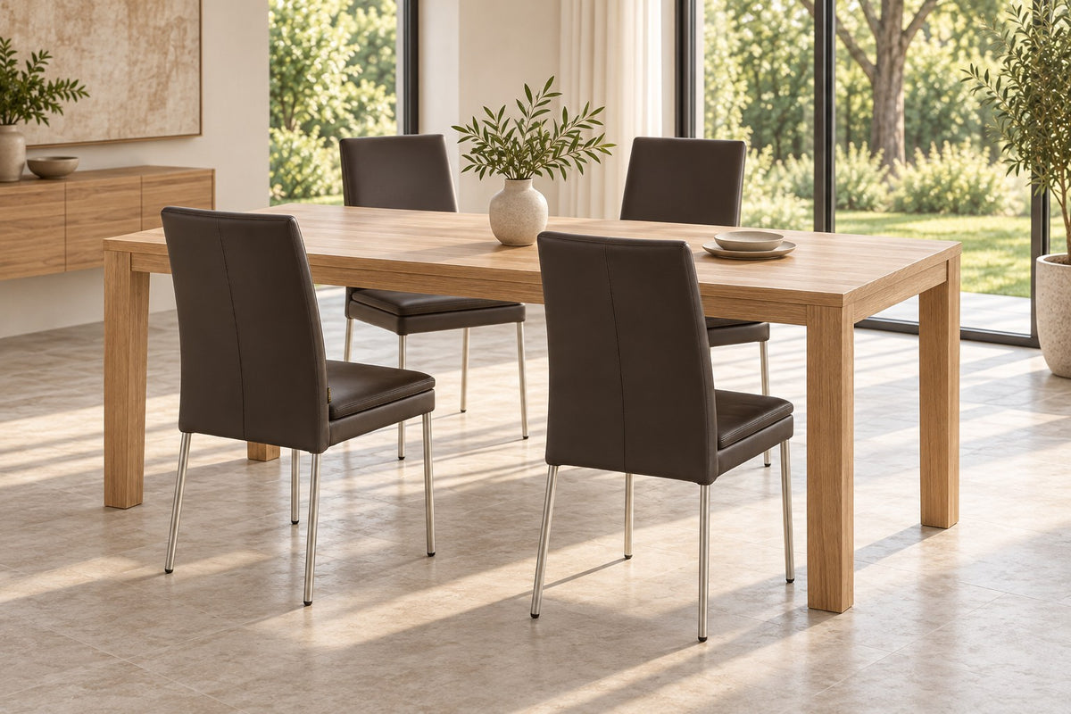 Chaise en cuir SIX Ricco marron, acier inoxydable brossé – lot de 4