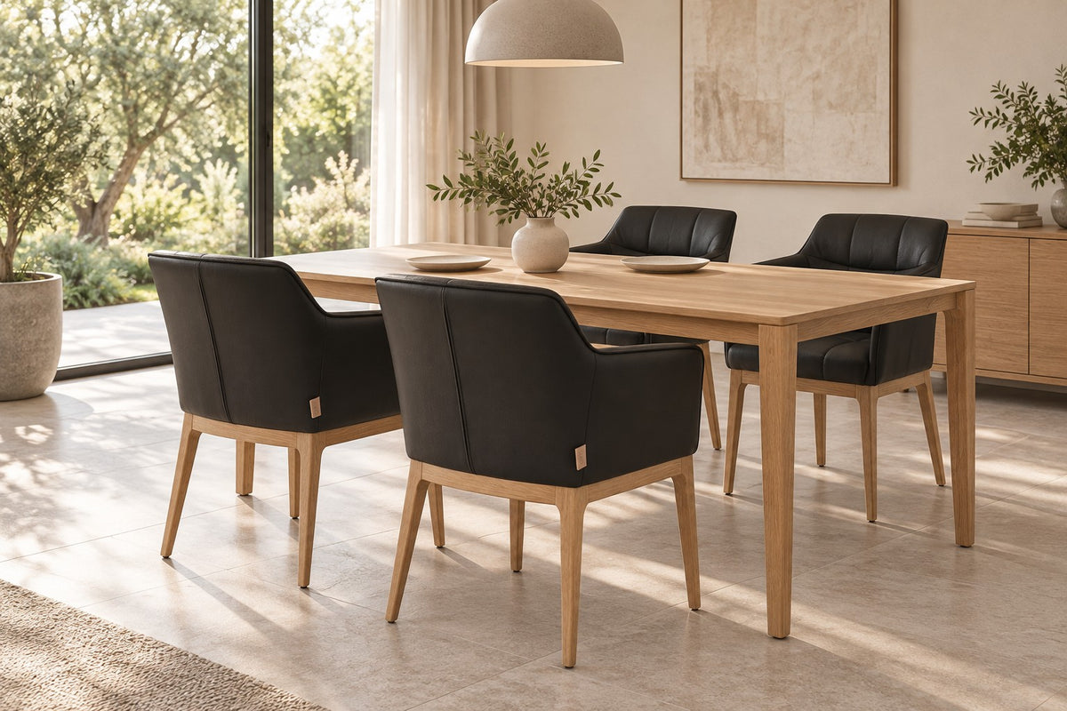 SIX Zeta chaise de salle à manger en cuir véritable avec accoudoirs - marron, chêne – lot de 4