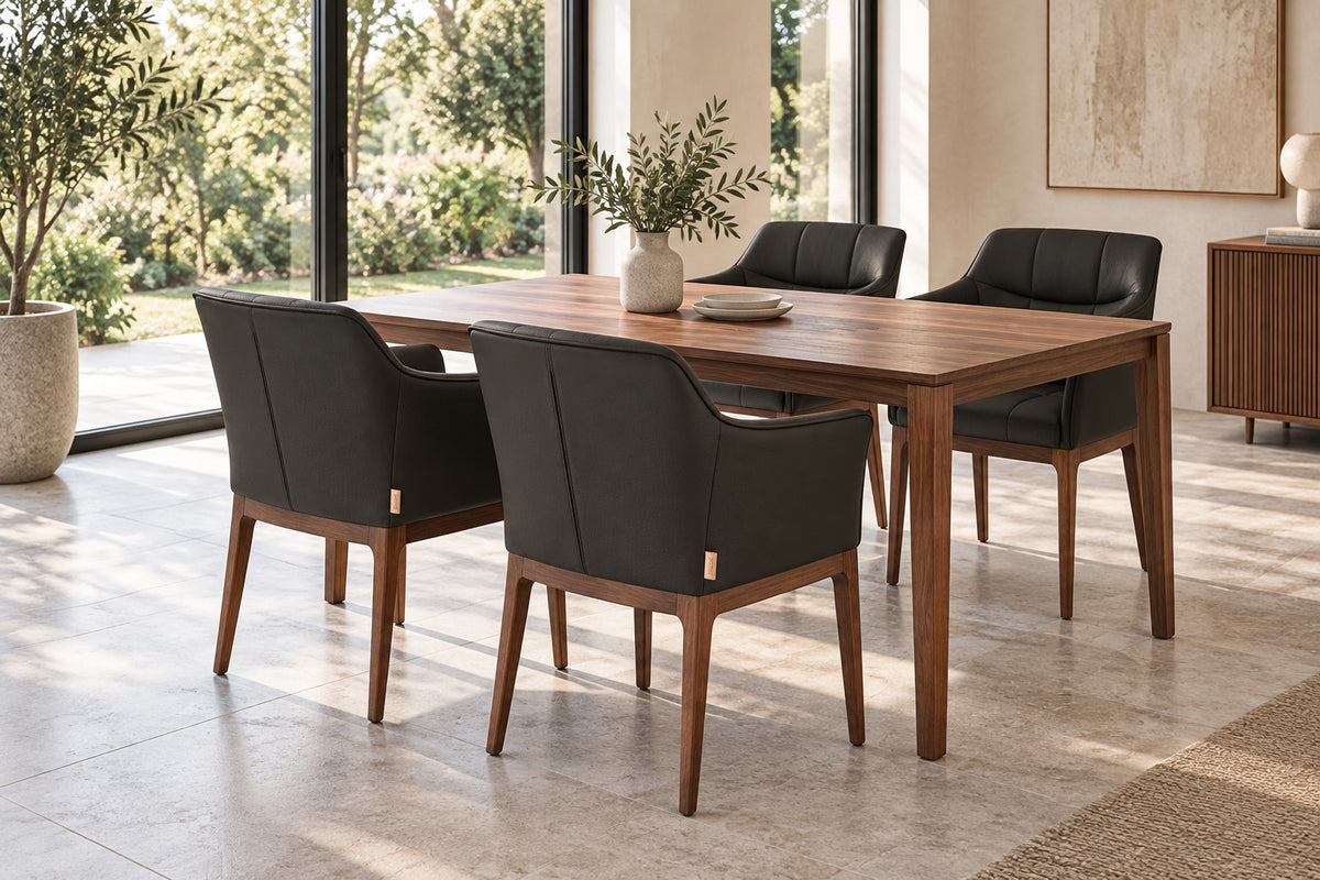 SIX Zeta chaise de salle à manger en cuir véritable avec accoudoirs - marron, noyer – lot de 4