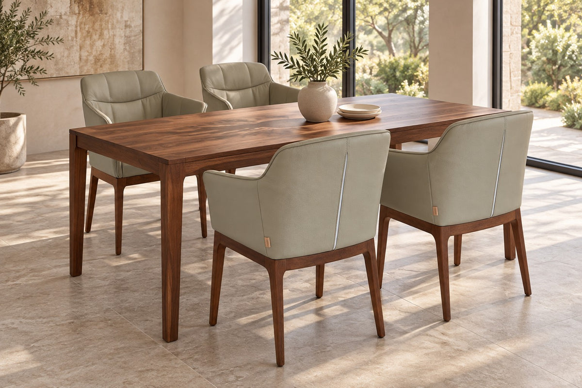 SIX Zeta chaise de salle à manger en cuir véritable avec accoudoirs - sable, noyer – lot de 4