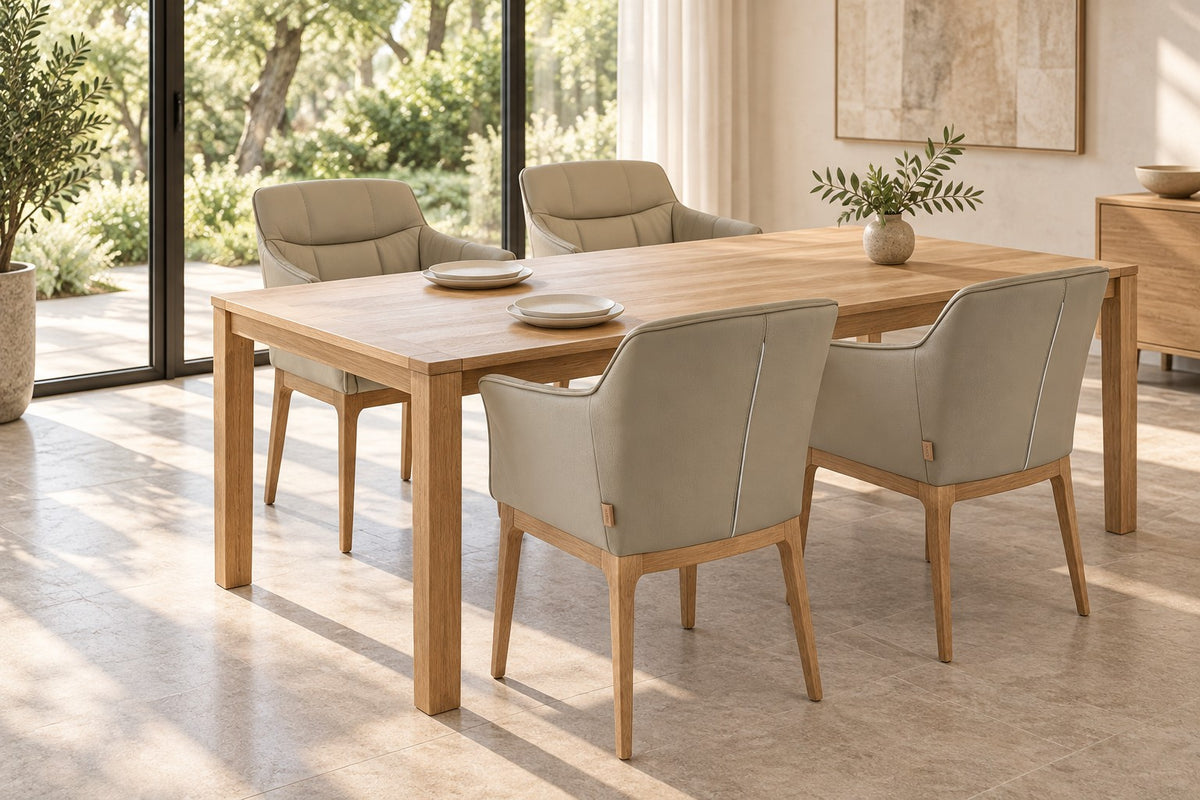 SIX Zeta chaise de salle à manger en cuir véritable avec accoudoirs - sable, chêne – lot de 4