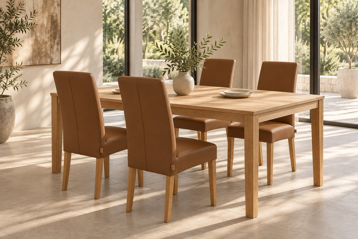 SIX Chaise en cuir Bambi Marron Selle, Bois dur (Chêne) – lot de 4