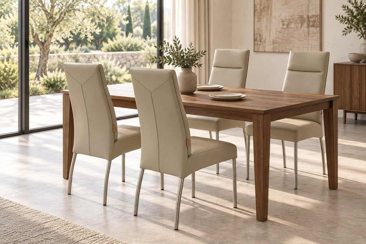 SIX leather chair Gatto Sand, stainless steel – set of 4