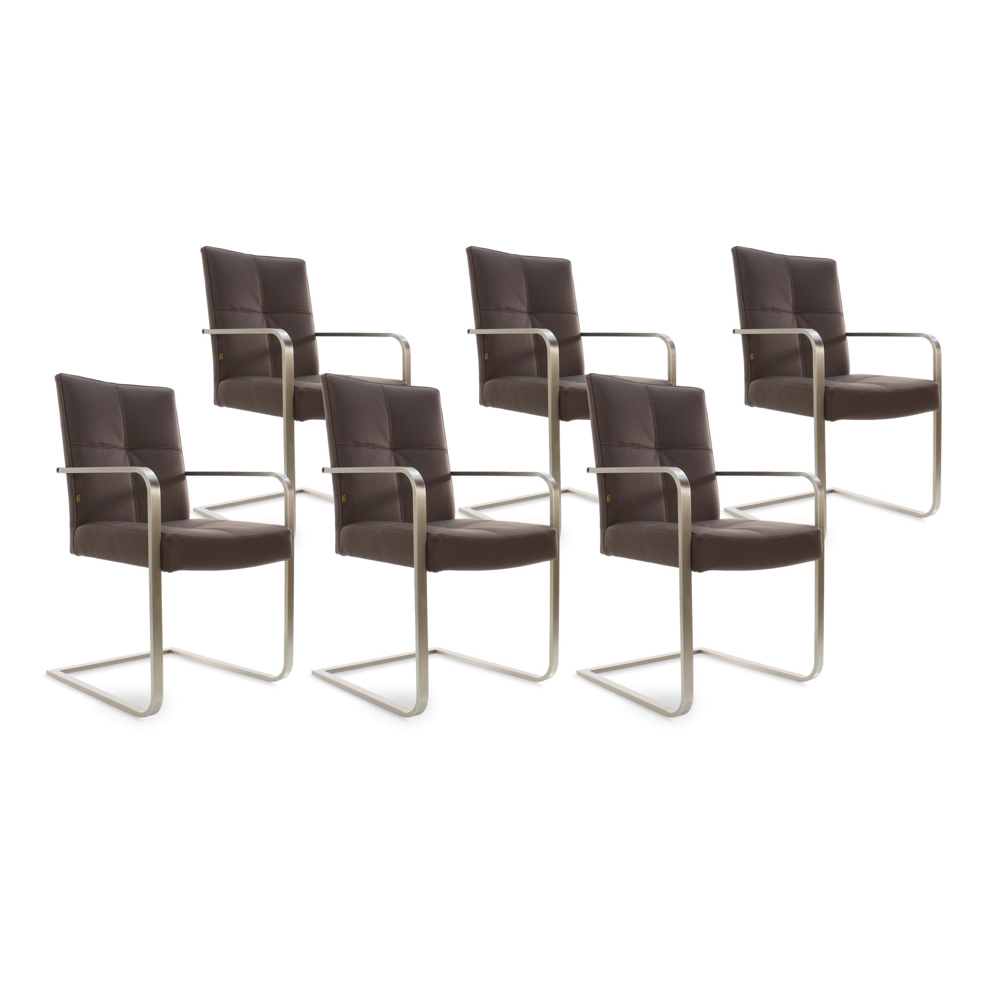 SIX Freischwinger Armlehnstuhl Libero Rindsleder Braun, Edelstahl – 6er-Set