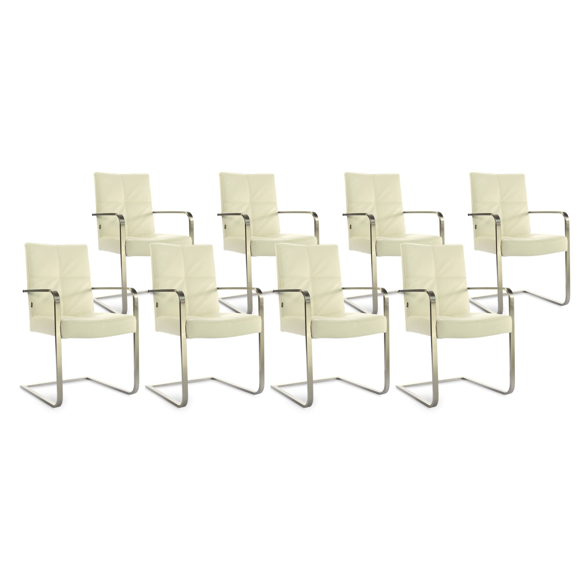 SIX Freischwinger Armlehnstuhl Libero Rindsleder Creme Weiß, Edelstahl – 8er-Set