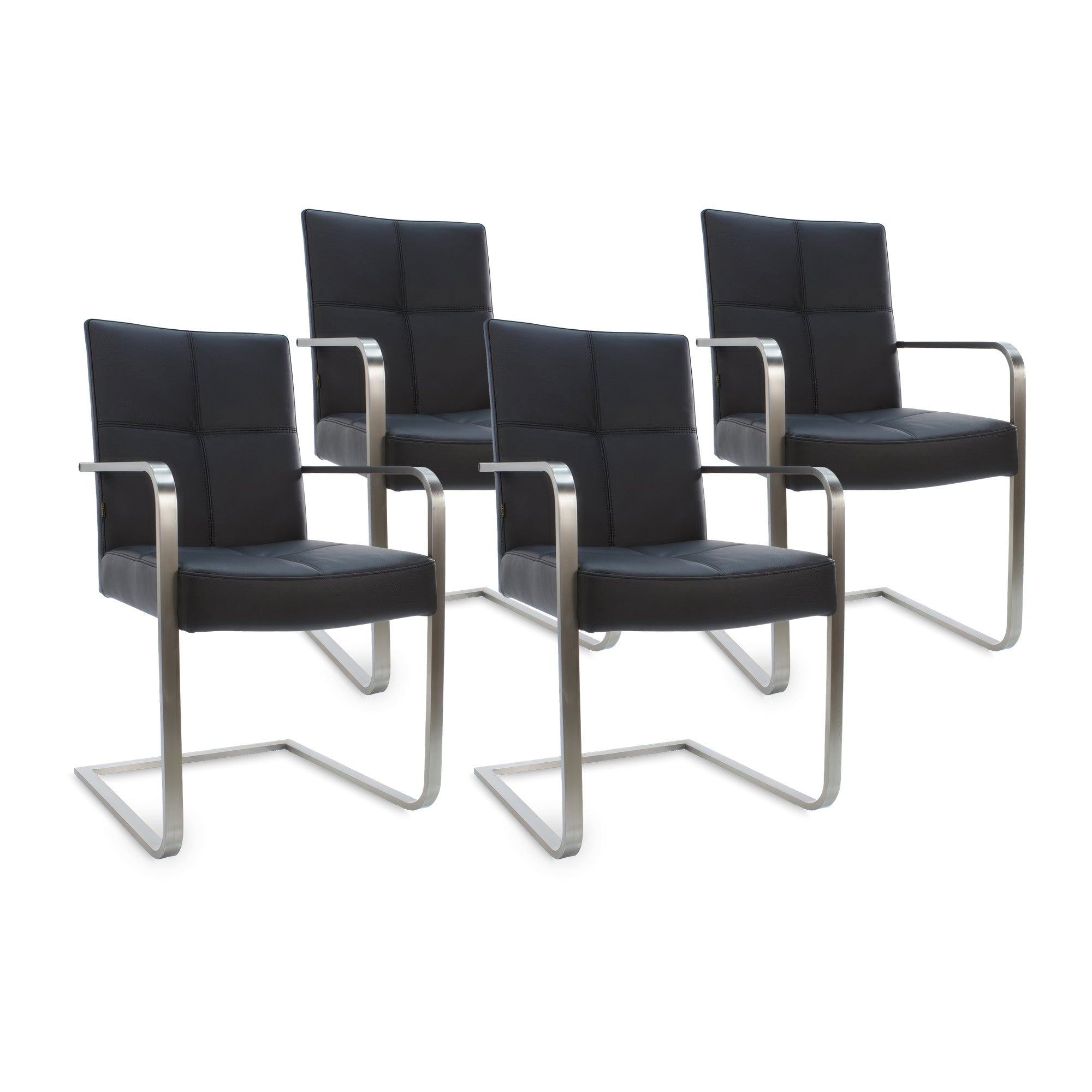 SIX Freischwinger Armlehnstuhl Libero Rindsleder Schwarz, Edelstahl – 4er-Set