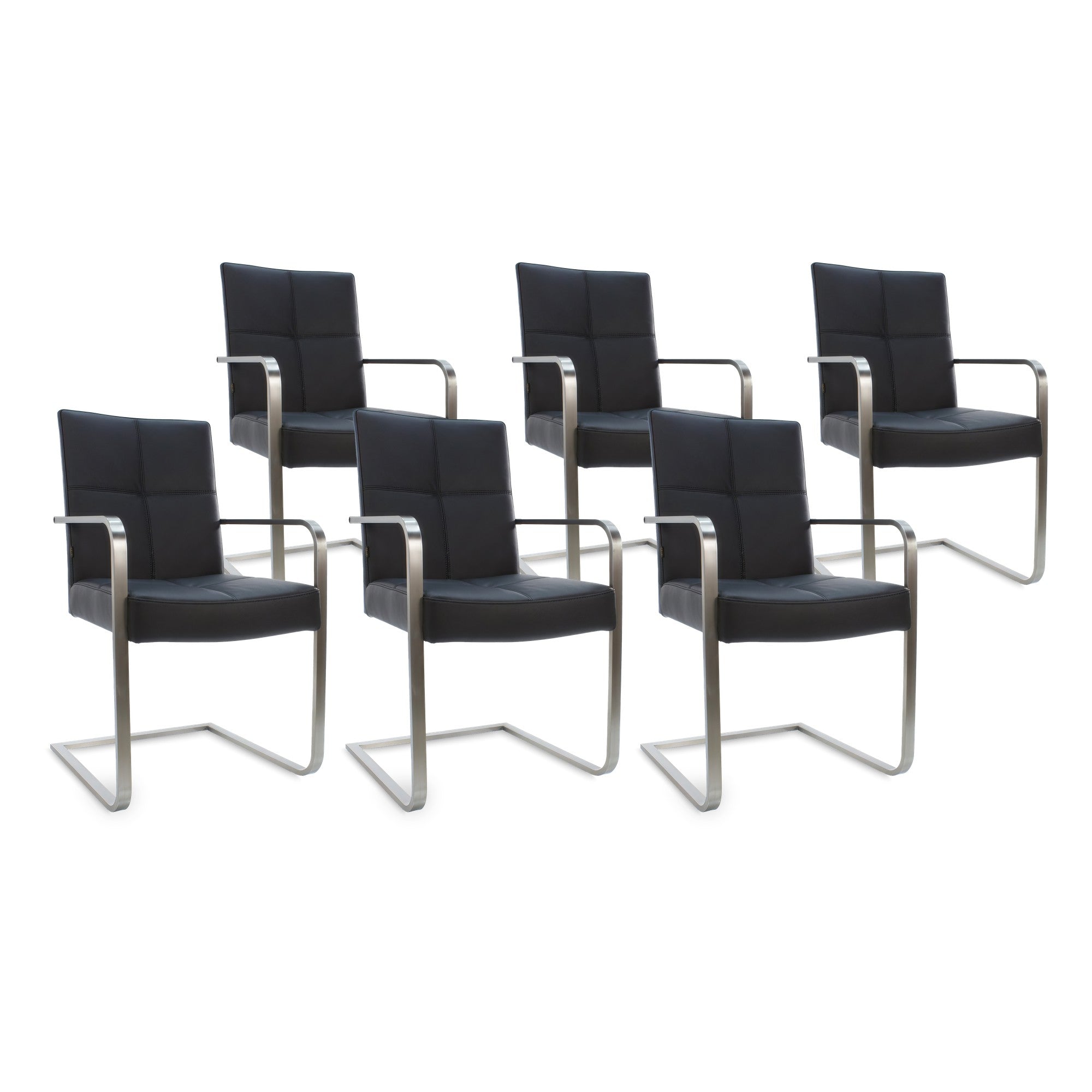 SIX Freischwinger Armlehnstuhl Libero Rindsleder Schwarz, Edelstahl – 6er-Set