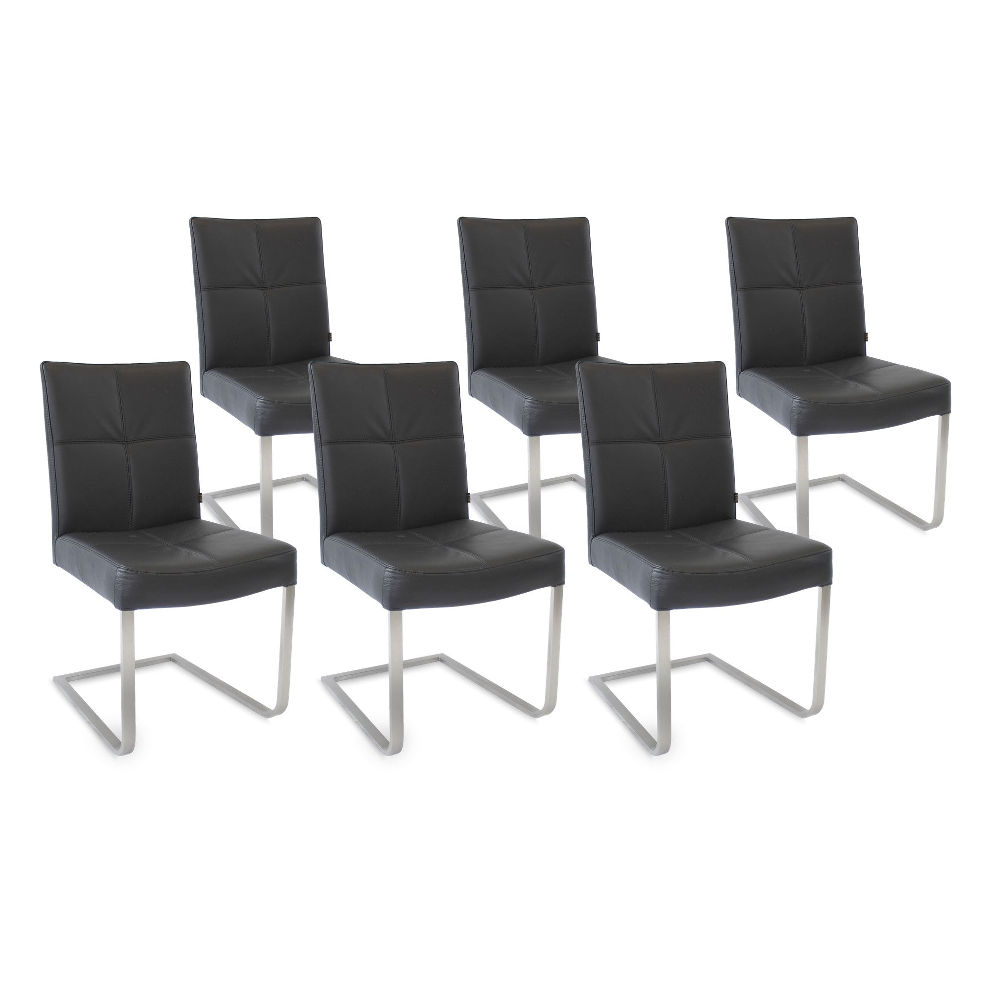 SIX Freischwinger Lederstuhl Libero Rindsleder Schwarz, Edelstahl – 6er-Set