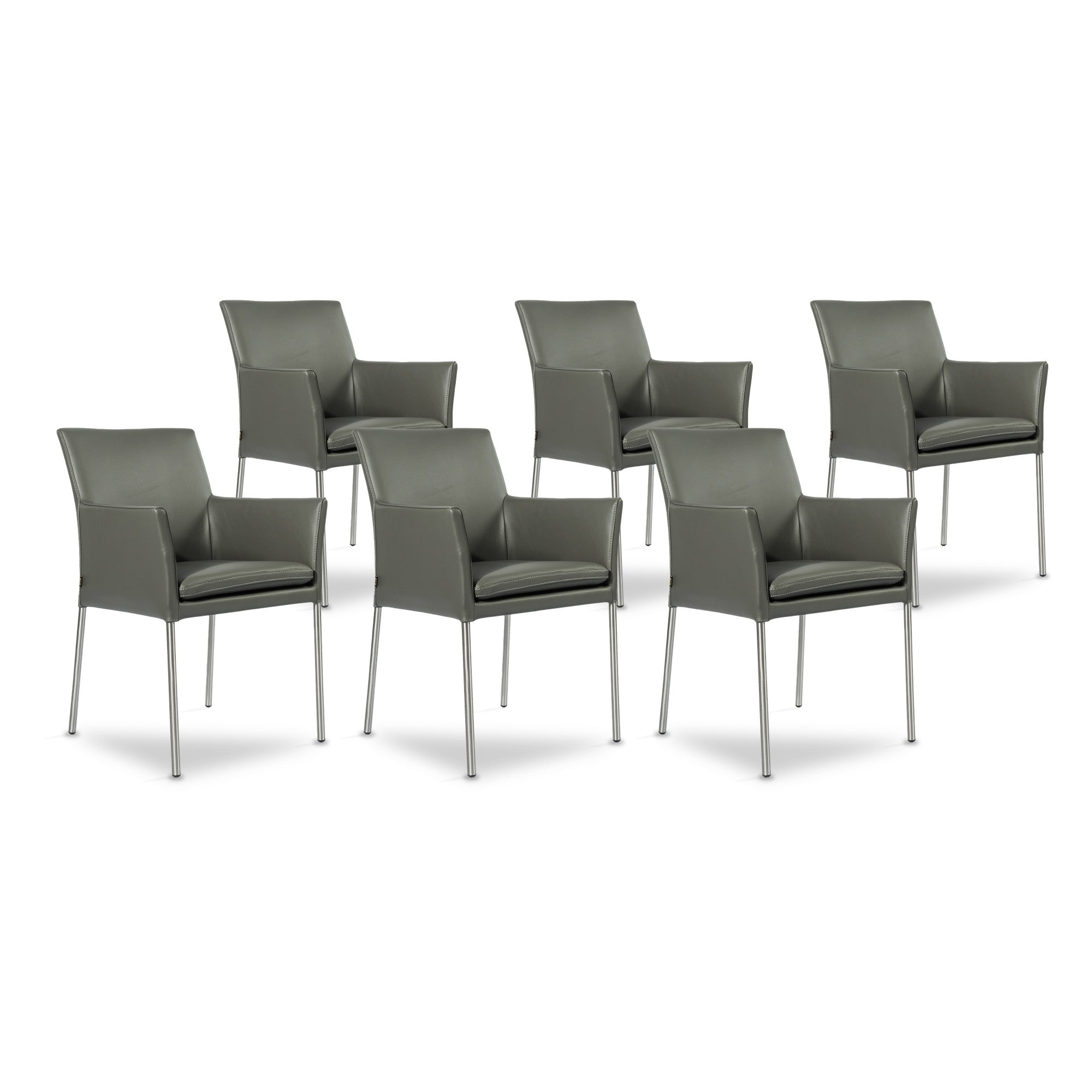 SIX Armlehnstuhl Lederstuhl Ledersessel Ricco Grau, Edelstahl – 6er-Set