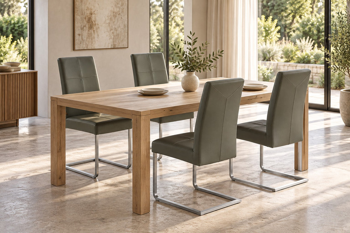 SIX Freischwinger Lederstuhl Libero Rindsleder Grau, Edelstahl – 4er-Set