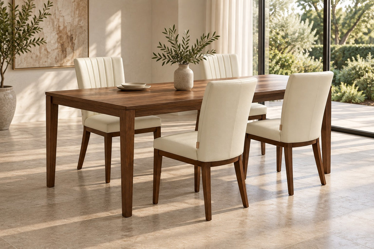 SIX Lederstuhl Fenci Creme Weiß, Nussbaum – 4er-Set