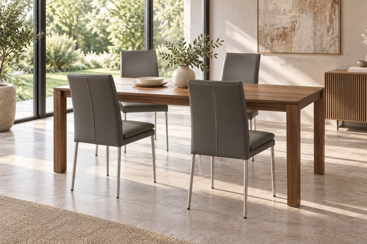 SIX chaise en cuir Ricco gris, acier inoxydable – lot de 4