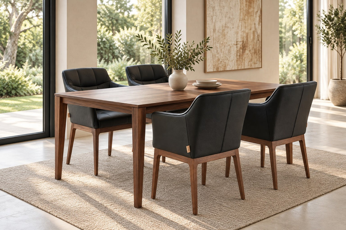 SIX Zeta chaise de salle à manger en cuir véritable avec accoudoirs - noir, noyer – lot de 4